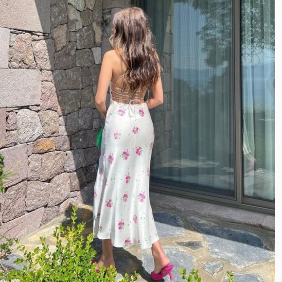 ZARA SATIN MIDI DRESS FLORAL PRINT STRAPPY WHITE ,Size S - Picture 2 of 5